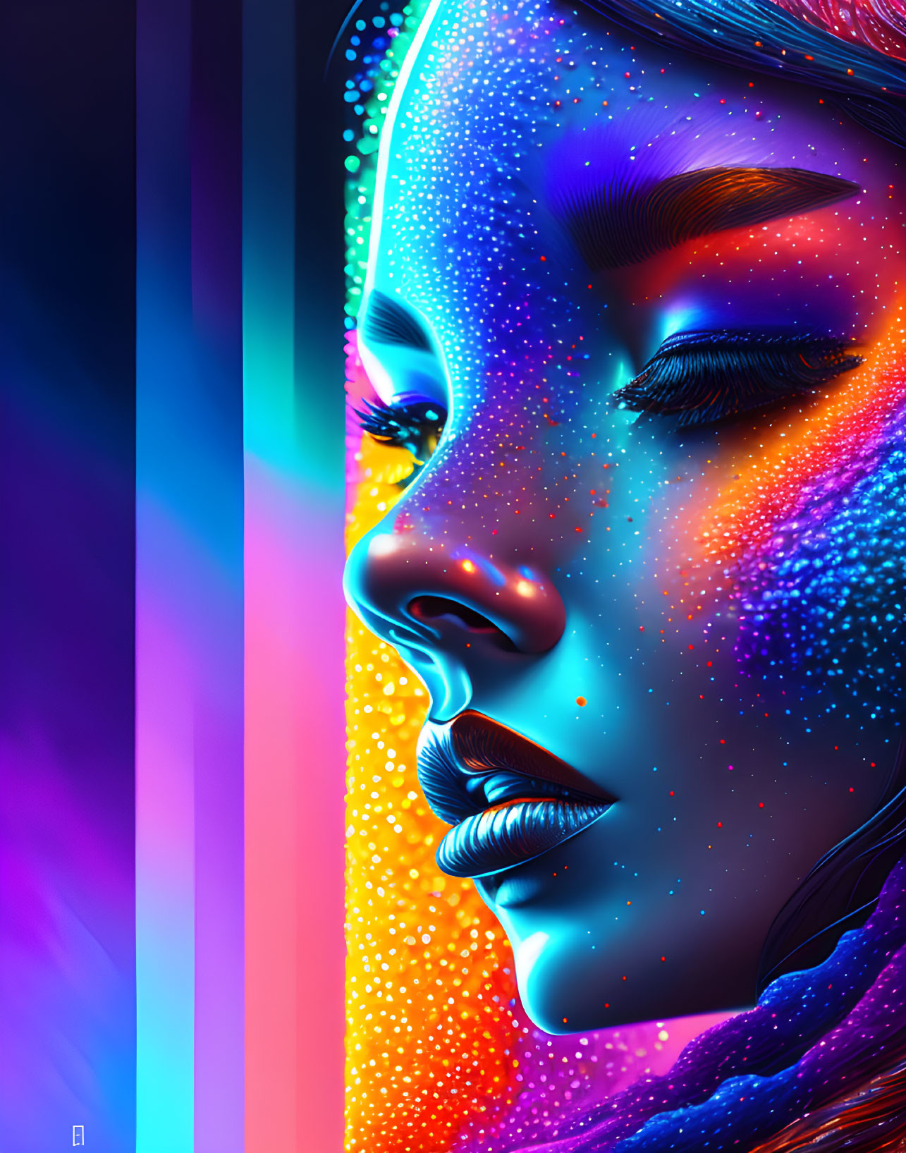 Colorful digital portrait of a woman with neon hues and dotted textures