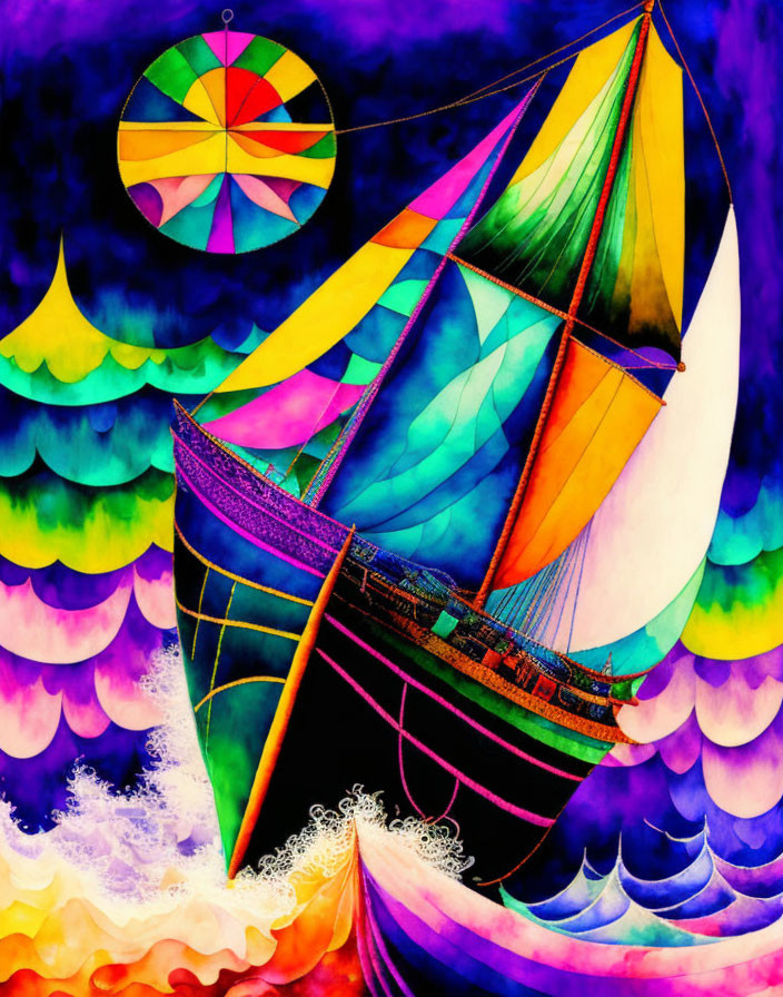 Colorful painting of ship sailing on stylized waves under multicolored sky with circular rainbow emblem