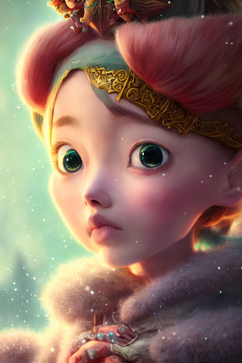 Child with expressive eyes in digital artwork, adorned with golden headpiece and fur collar in soft ambiance