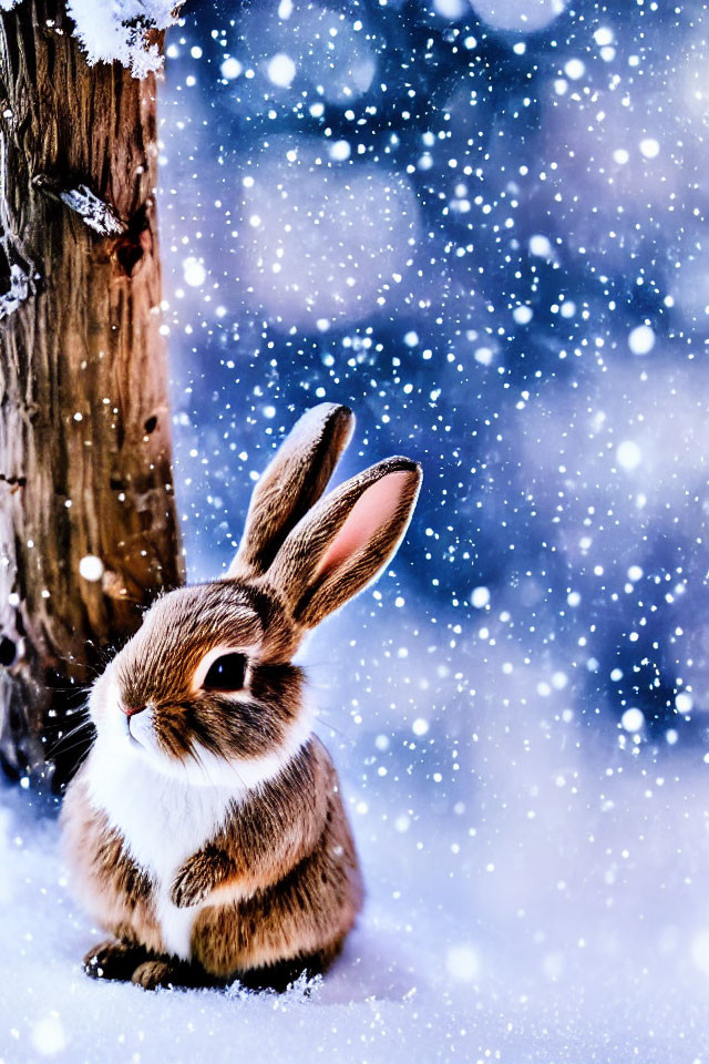 Brown and White Rabbit Sitting in Snowy Landscape