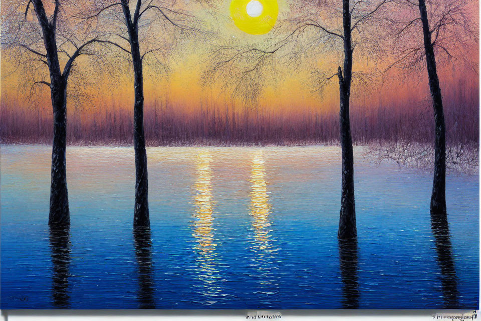 Tranquil landscape painting of trees at sunrise or sunset