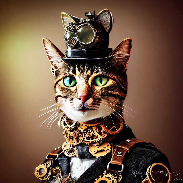 Steampunk-themed digital art of a cat with green eyes in unique attire