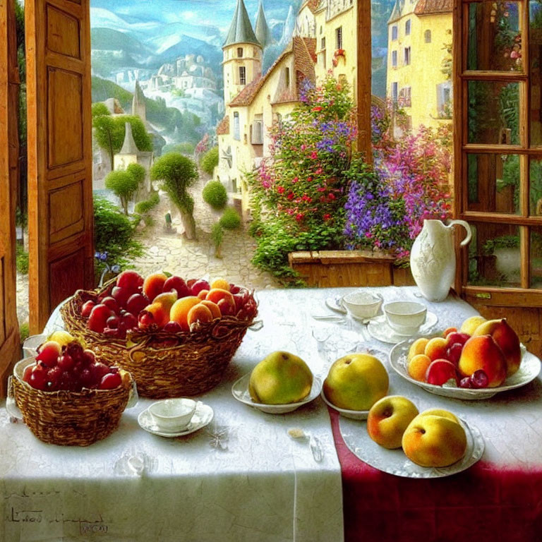 Colorful painting of fruit-filled table by open window