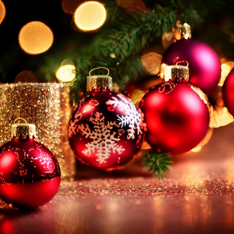 Red Christmas Ornaments with Snowflake Patterns and Bokeh Lights