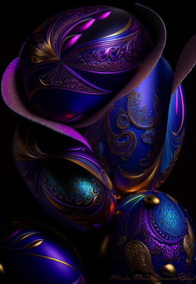 Colorful abstract digital artwork with ornate patterns on spherical objects against a dark background