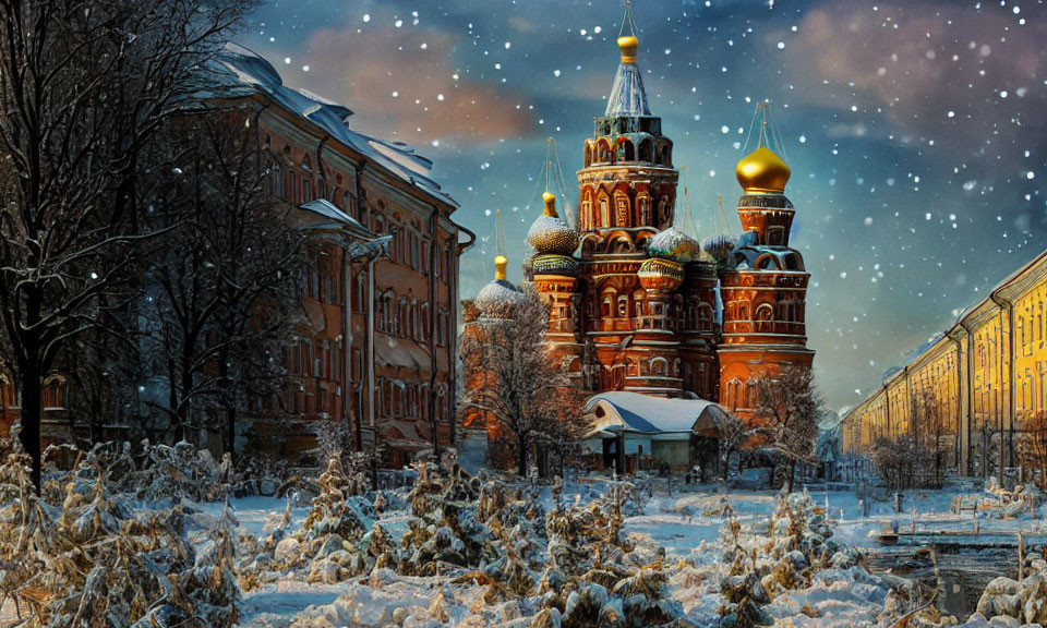 Traditional Russian church with onion domes in snow-covered street at twilight