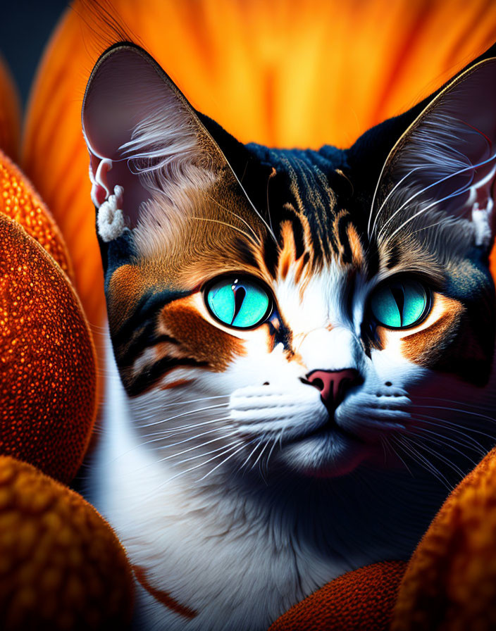 Vivid Turquoise-Eyed Cat on Bright Orange Abstract Background