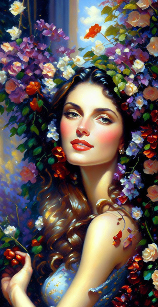 Portrait of Woman with Long Wavy Hair and Vibrant Flowers