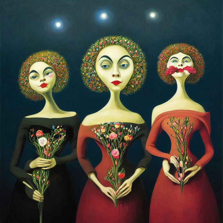 Surreal female figures with exaggerated eyes and rose bouquets on moonlit background