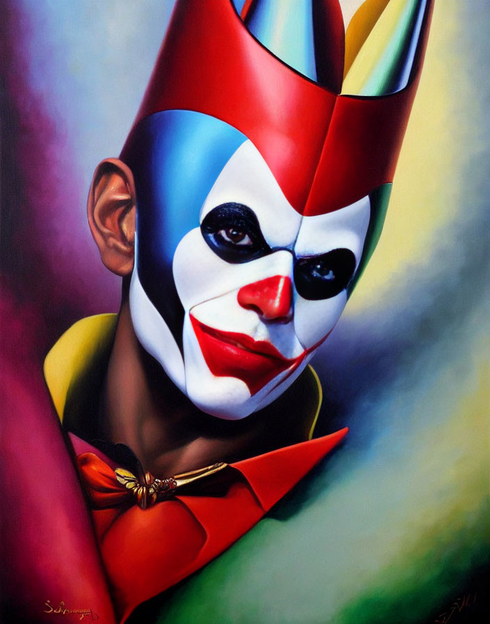 Colorful Painting of Jester-Like Figure with Red and Blue Makeup on Multicolored Background