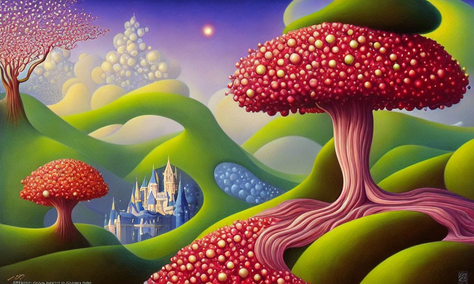 Colorful surreal landscape with mushroom trees and castle under purple sky