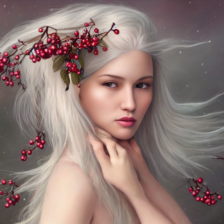 Digital artwork: Woman with white hair, red berries, green leaves on grey backdrop