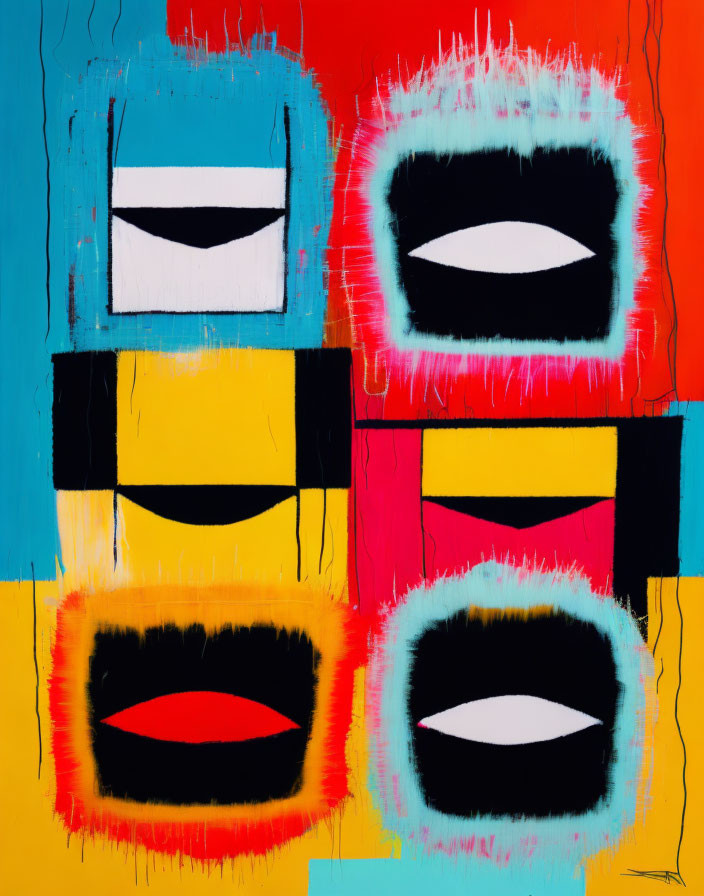 Colorful Abstract Art: Geometric Shapes Resembling Eyes and Mouths