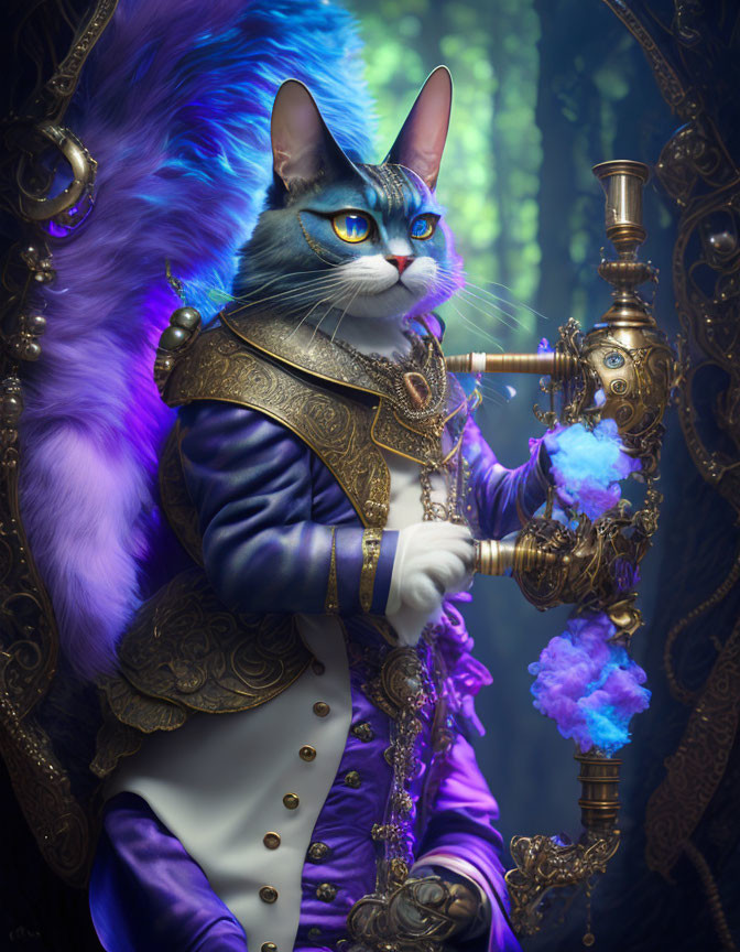 Regal anthropomorphic cat in fantasy attire with hookah