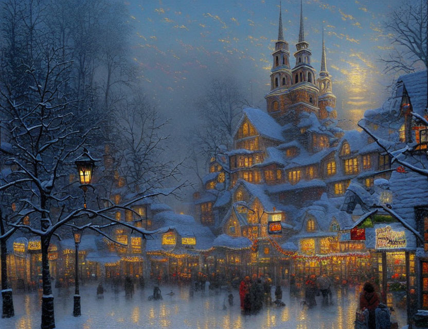 Snow-covered market at dusk with illuminated stalls & half-timbered building