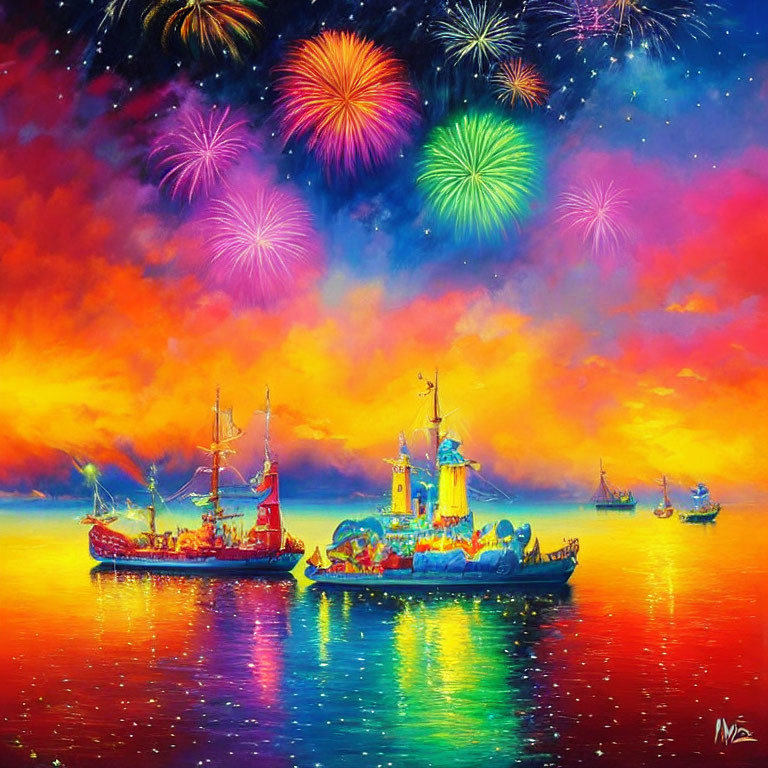 Colorful painting of ships, lighthouse, and fireworks over the sea