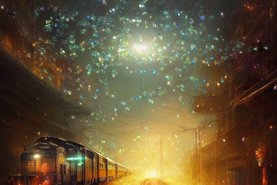 Dystopian city train scene with glowing jellyfish-like creatures