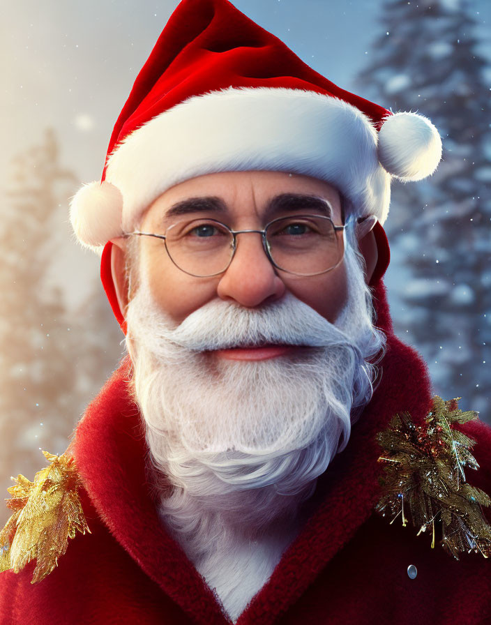 Person in Santa Claus costume with white beard and round glasses in snowy scene