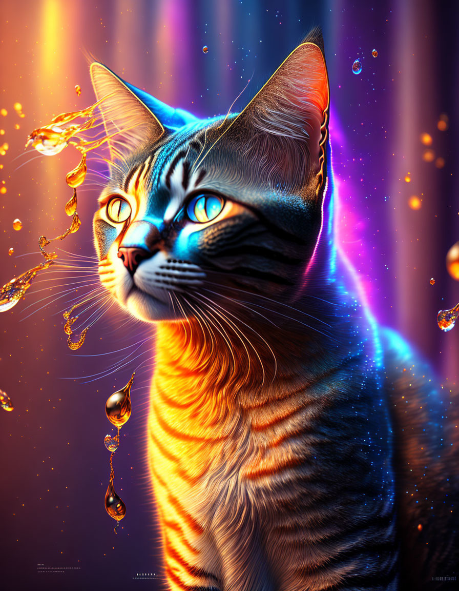 Vibrant digital artwork of a cat with blue eyes and orange stripes