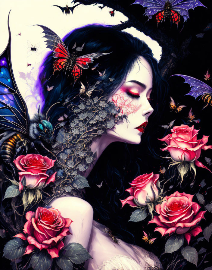 Fantasy style illustration of woman with butterfly wings among roses