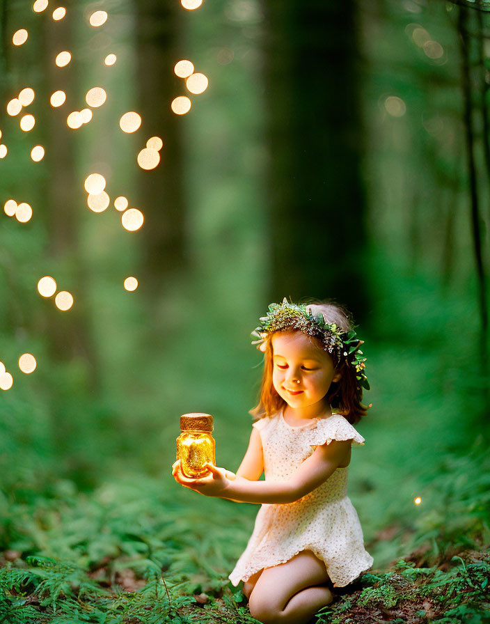 Young girl wearing floral crown holding glowing jar in forest with bokeh lights