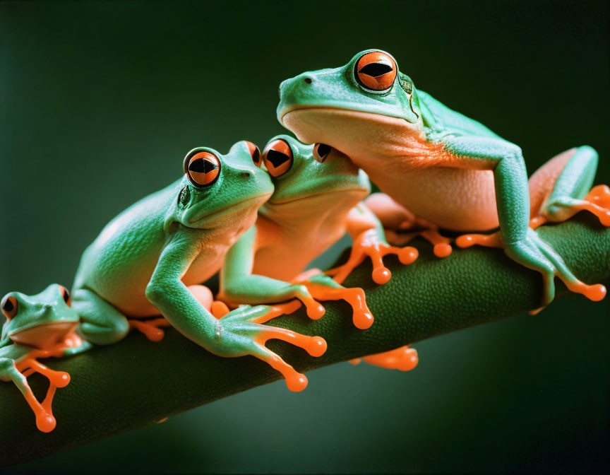 Three Vibrant Green Tree Frogs with Orange Feet and Red Eyes on Branch