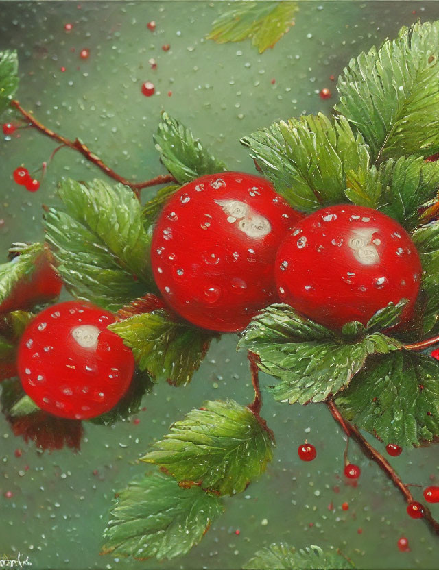 Vibrant red rosehips with water droplets on misty green backdrop