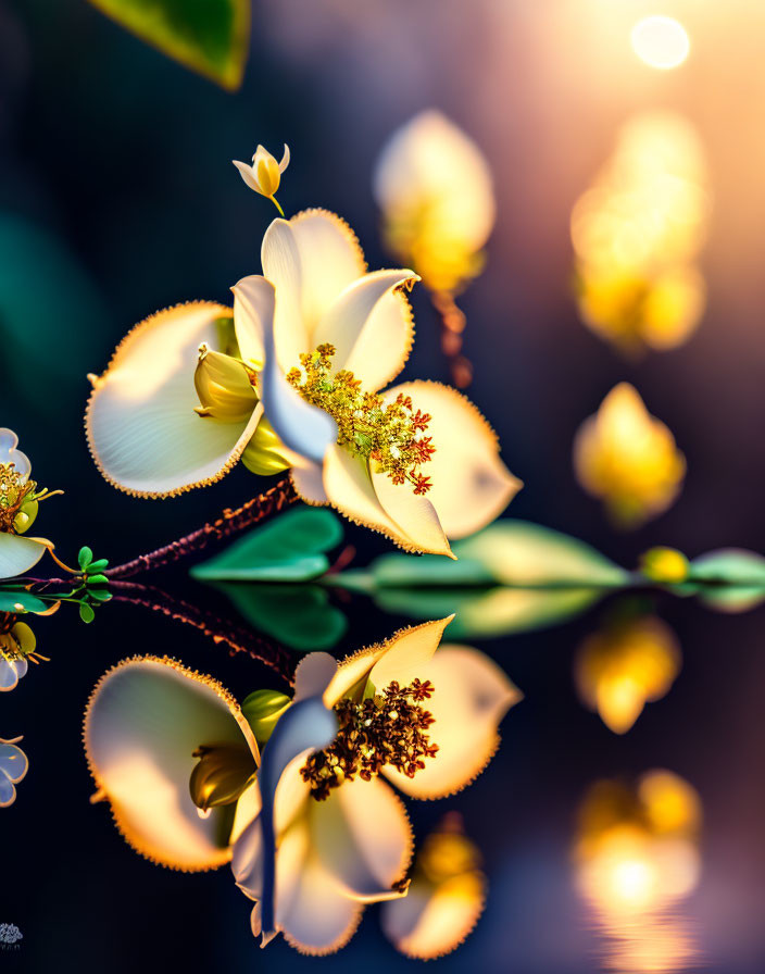 White Flowers with Yellow Centers on Dark Background and Bokeh Light Effects