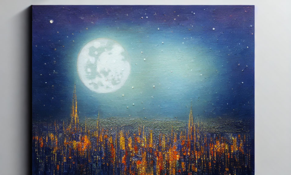 Night Sky Canvas Painting with Full Moon and Cityscape Lights