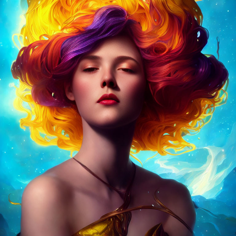 Vibrant Multicolored Hair on Woman Against Vivid Blue Background