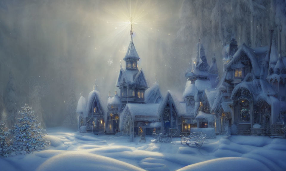 Snow-covered houses and gleaming star in magical winter scene