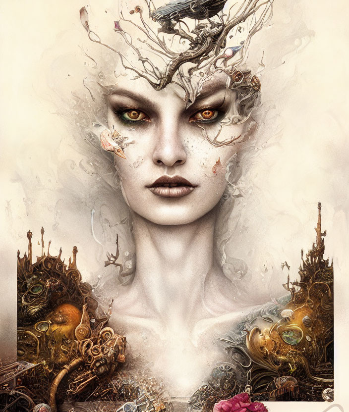 Surreal portrait of woman with intricate headpiece and steampunk elements