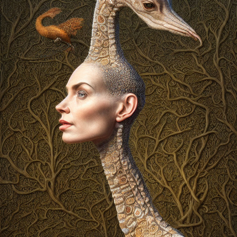 Surreal portrait: human face, giraffe neck, branches, bird