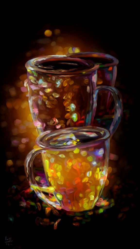 Colorful glowing liquid in transparent mugs on dark background with bokeh lights