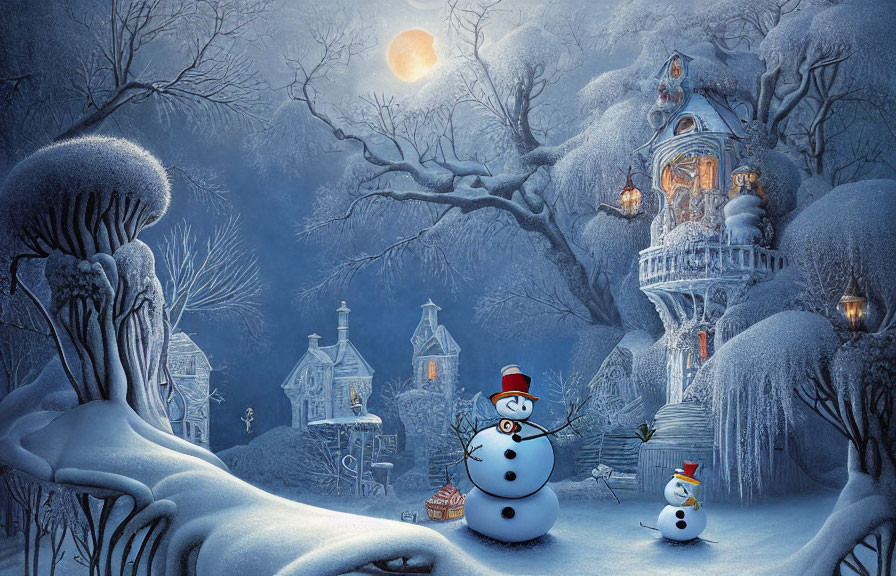 Snowy Night Scene: Snowmen, Village, Full Moon