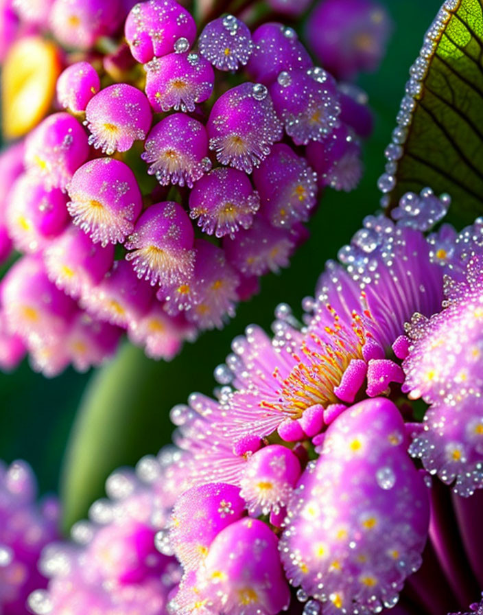 Pink Flowers with Yellow Centers Covered in Dewdrops on Blurred Green Background