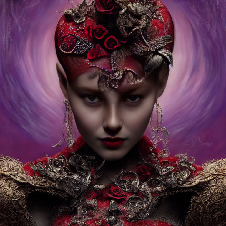 Opulent red and gold headpiece with intricate jewelry in mystical purple backdrop