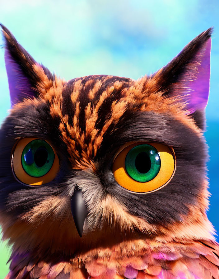 Colorful Stylized Owl with Green and Yellow Eyes on Blue Background