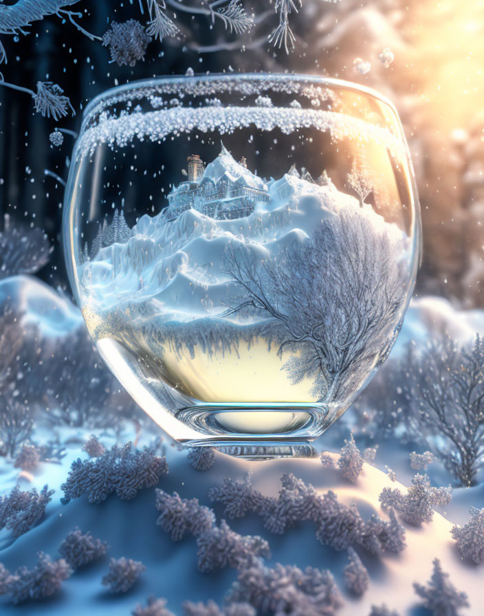 Mini snowy mountain and bare tree in glass winter scene