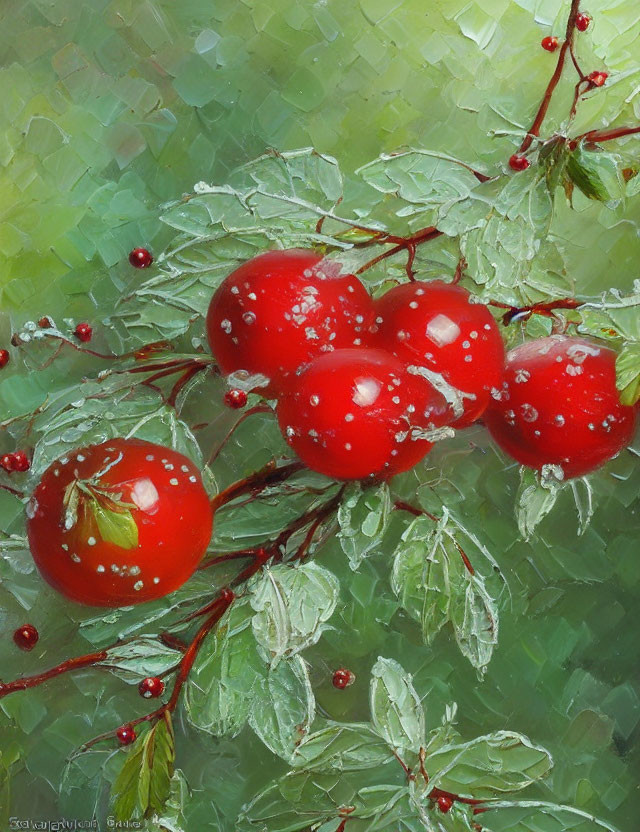 Ripe red tomatoes on vine with dew drops against green background