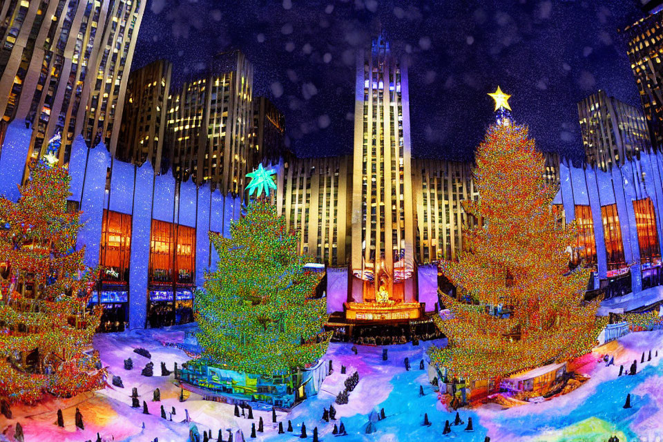 Bustling outdoor ice rink at night with Christmas trees and star-topped building