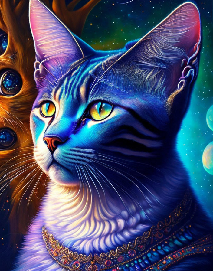 Colorful digital artwork of a cat with blue and orange hues and yellow eyes, against a cosmic backdrop