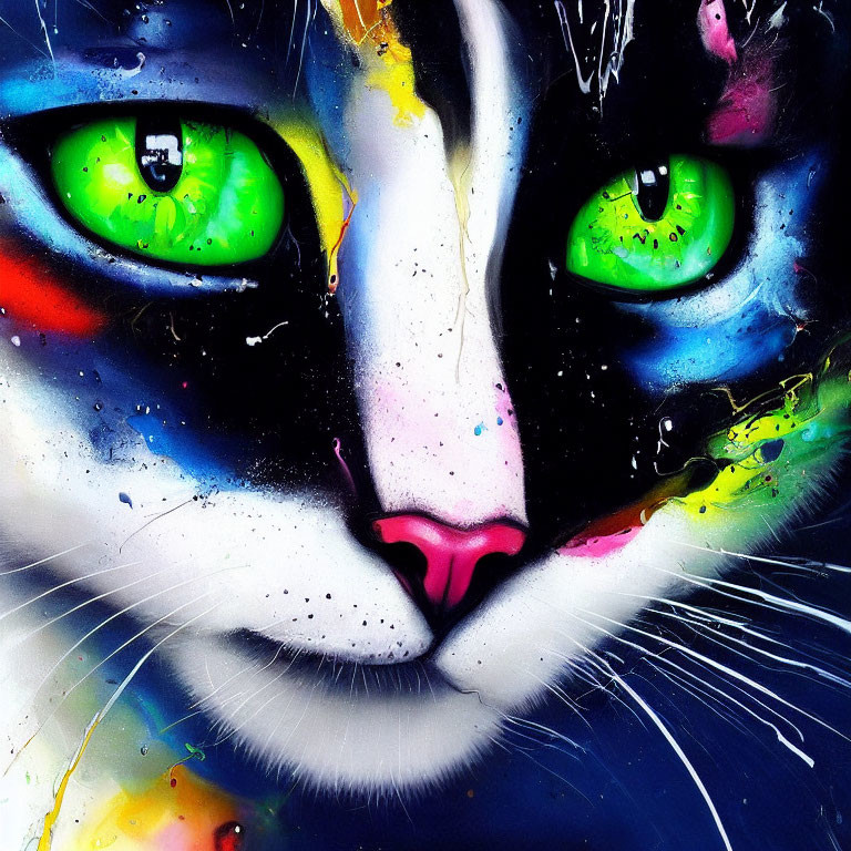 Colorful Cat Face Close-Up with Green Eyes and Paint Splashes