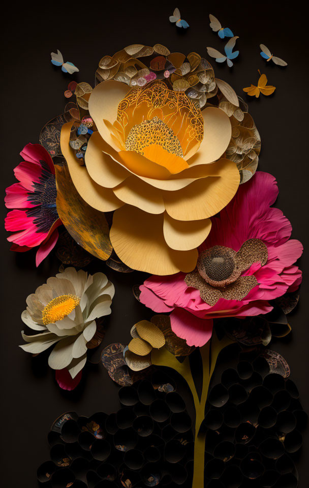 Colorful Paper Flowers and Butterflies on Dark Background