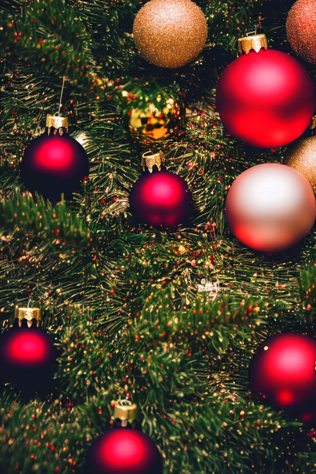 Close-up of Shiny Red and Gold Christmas Tree Ornaments on Green Fir Branches