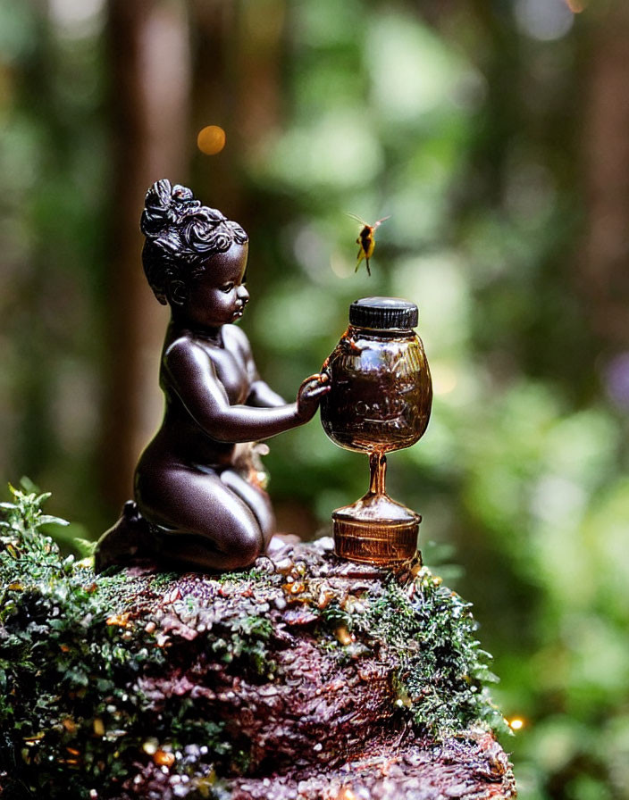 Girl figurine with bee on hand in forest scene with jar on mossy surface