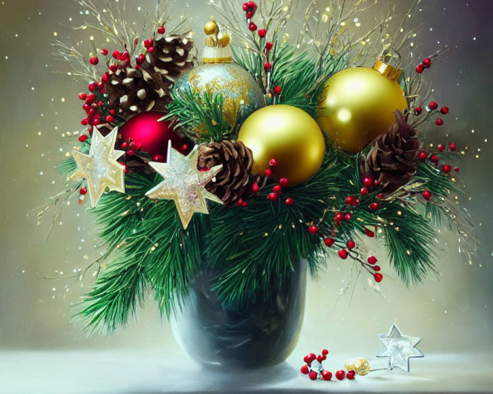 Festive Christmas arrangement with pine branches, cones, red berries, and golden ornaments