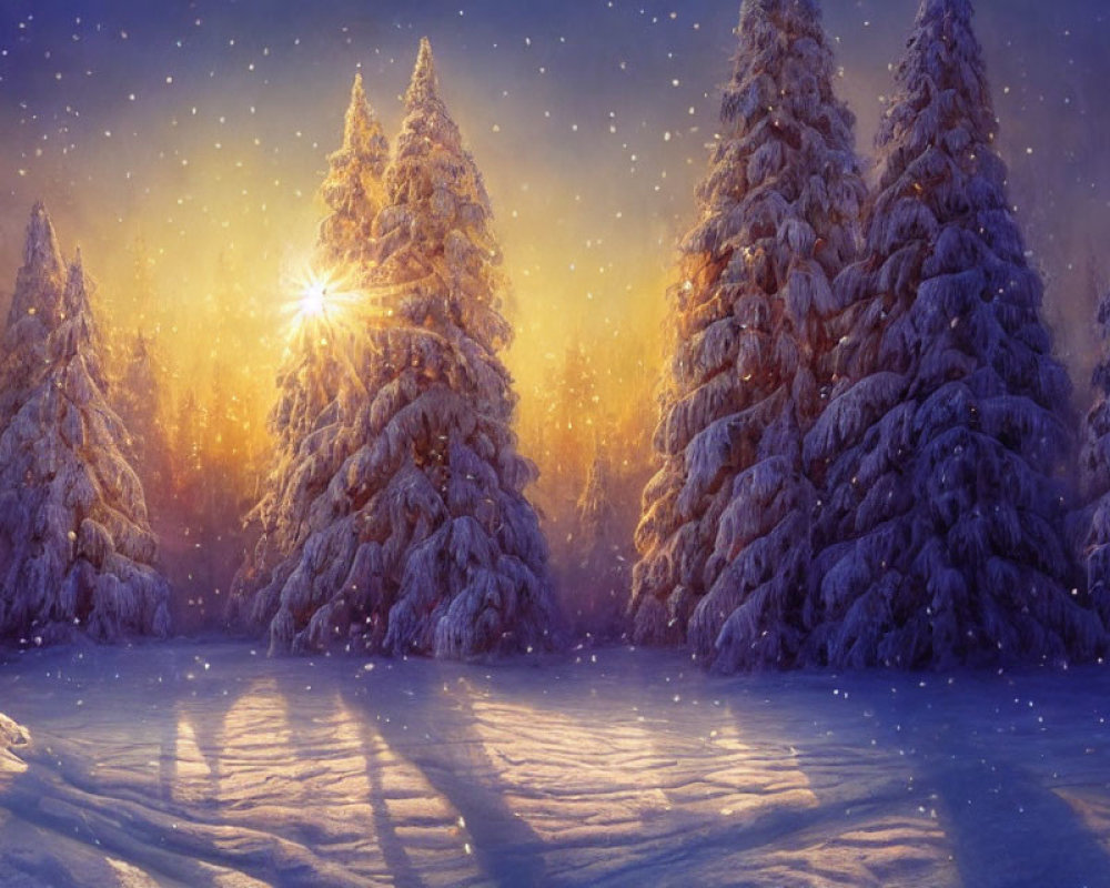 Tranquil snow-covered pine trees at sunset in a serene forest landscape