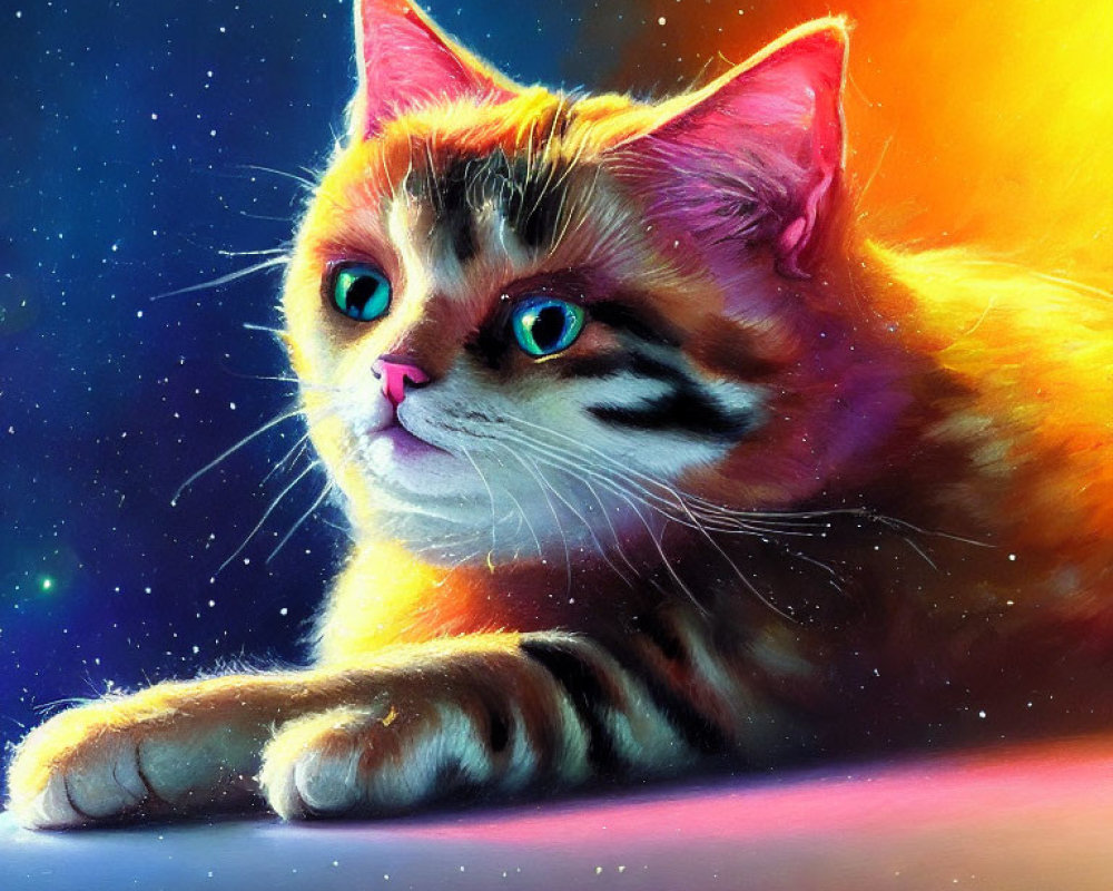 Colorful Cosmic Background with Orange Tabby Cat and Blue Eyes