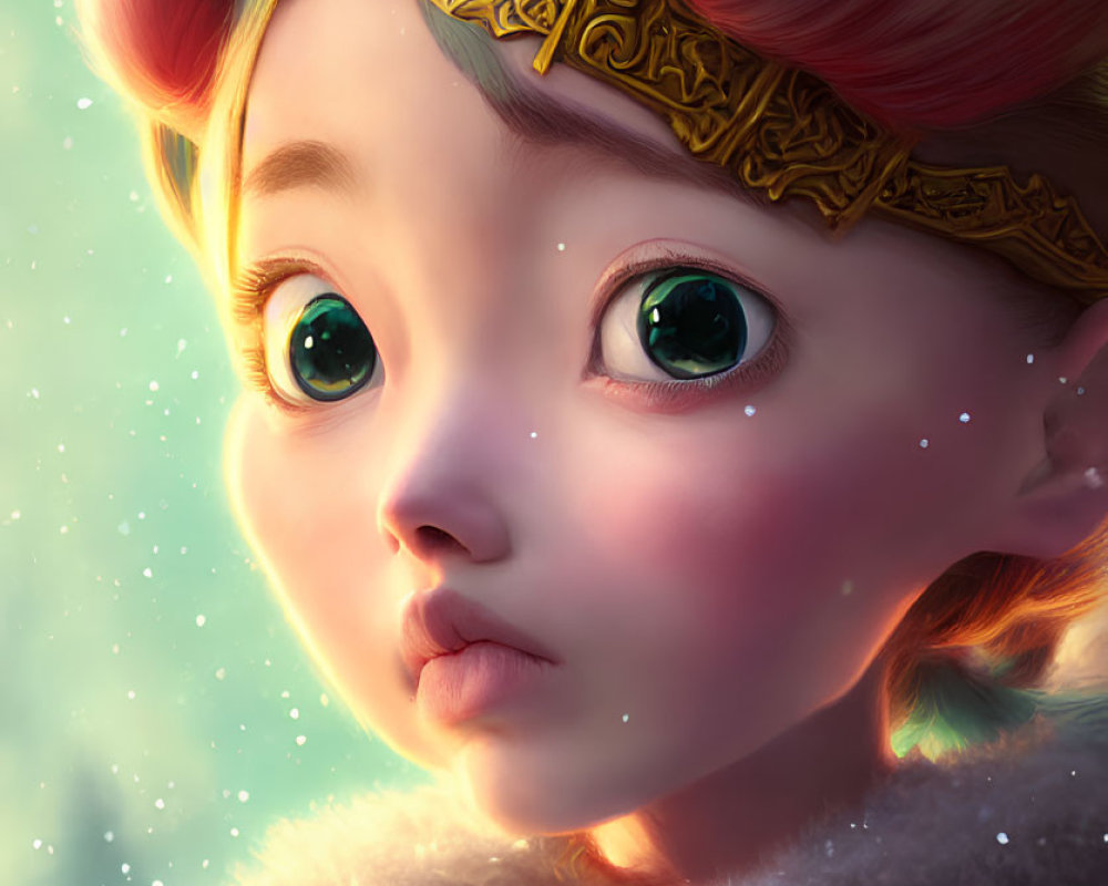 Child with expressive eyes in digital artwork, adorned with golden headpiece and fur collar in soft ambiance